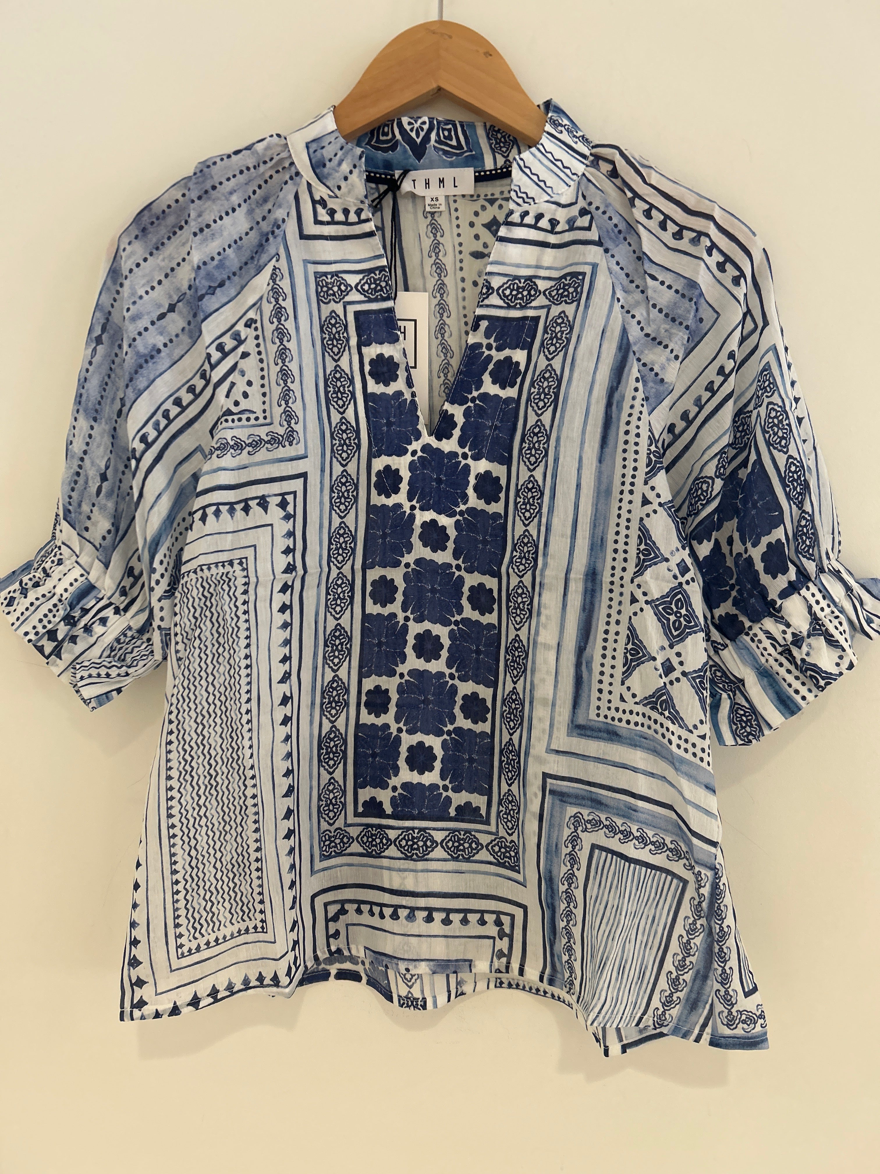 THML Patterned V Neck Top Blue