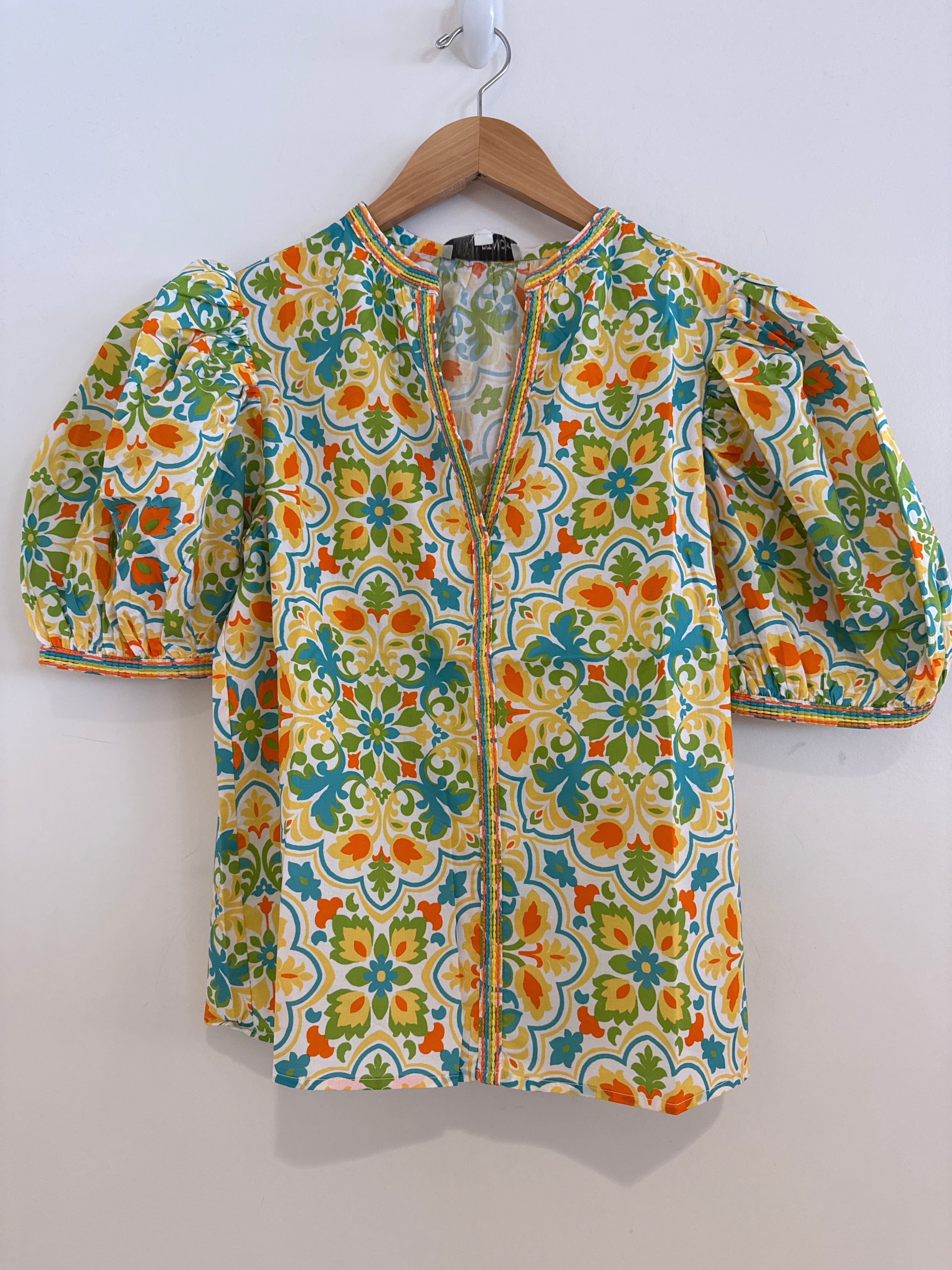 RR V Neck Embroidered Trim Top Yellow/Multi