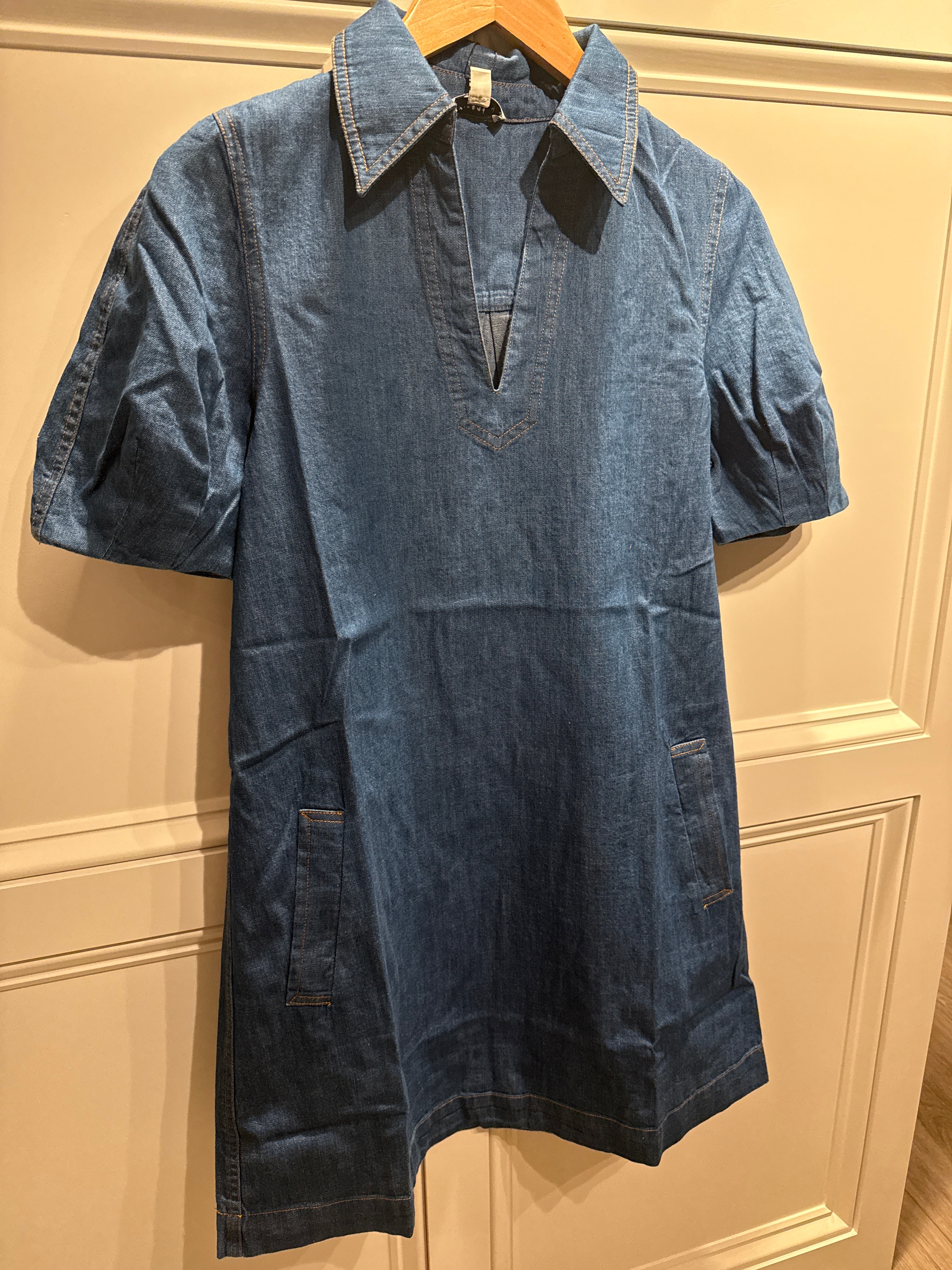 CA Split Neck Collared Denim Dress