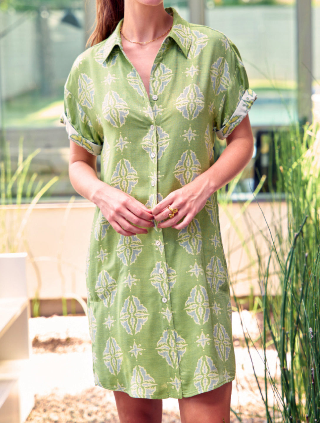 Finley Roll Sleeve Camp Dress Ethnic Jacquard