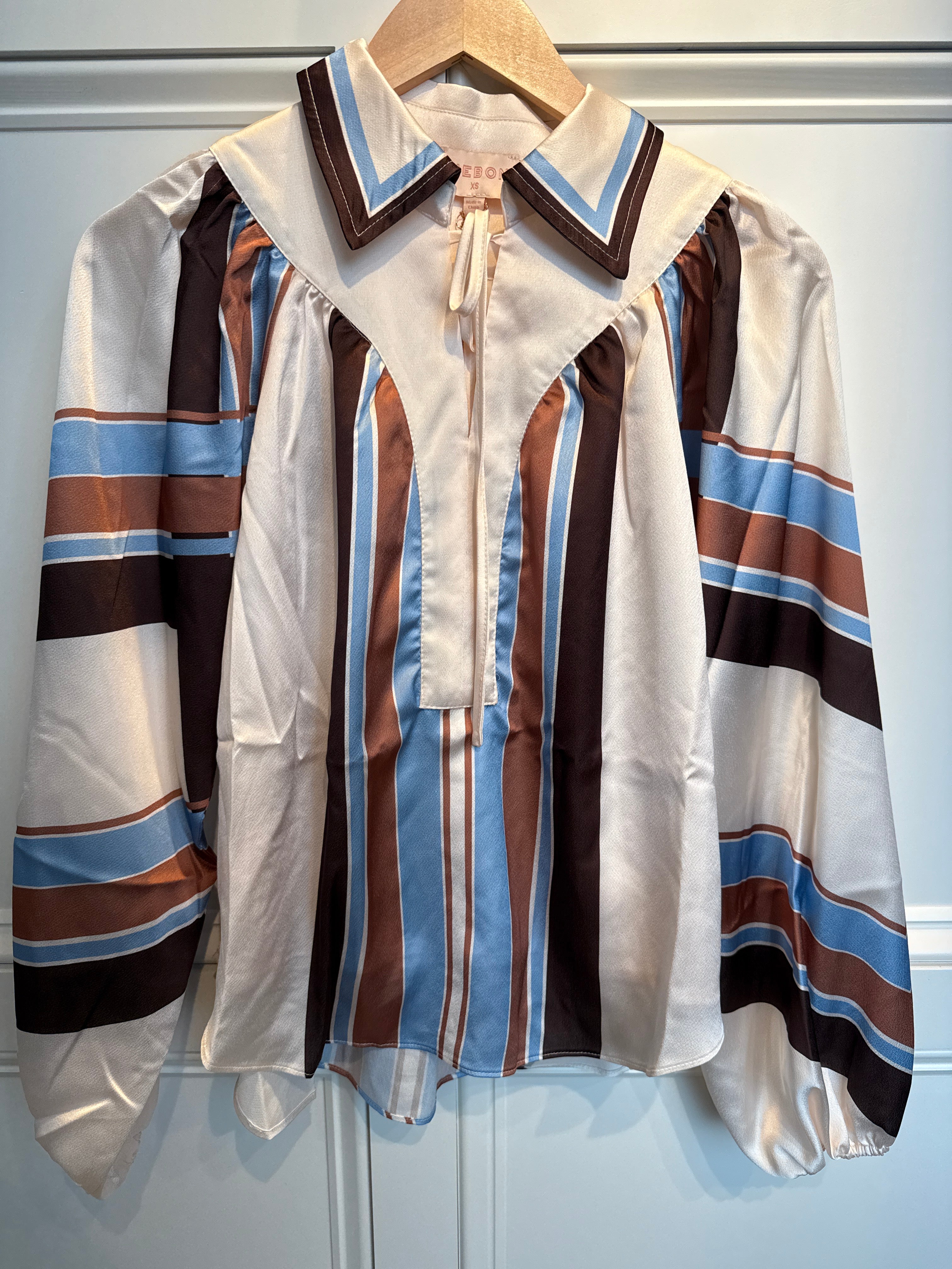 Multi Stripe Brown Tie Neck Top