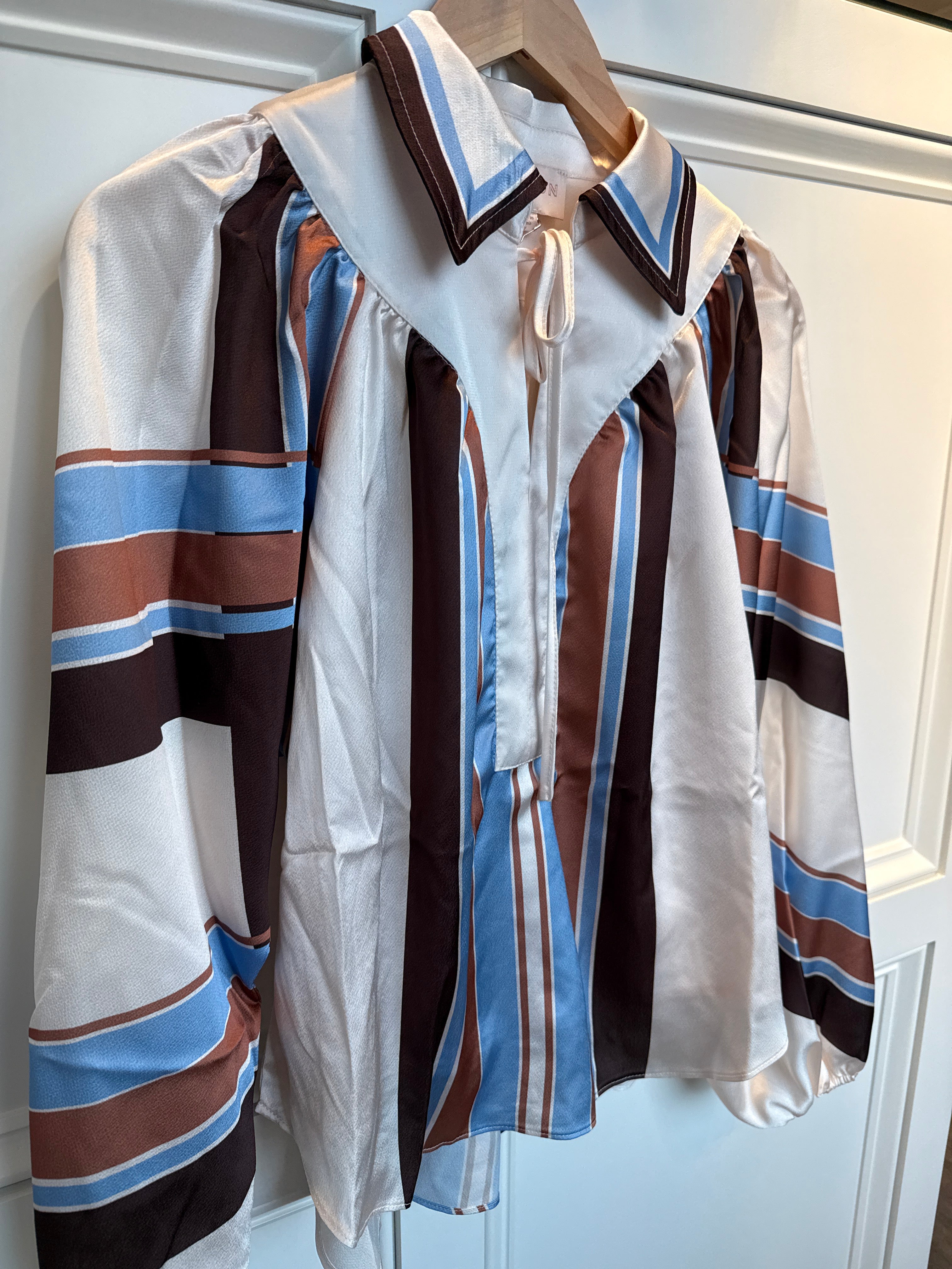 Multi Stripe Brown Tie Neck Top