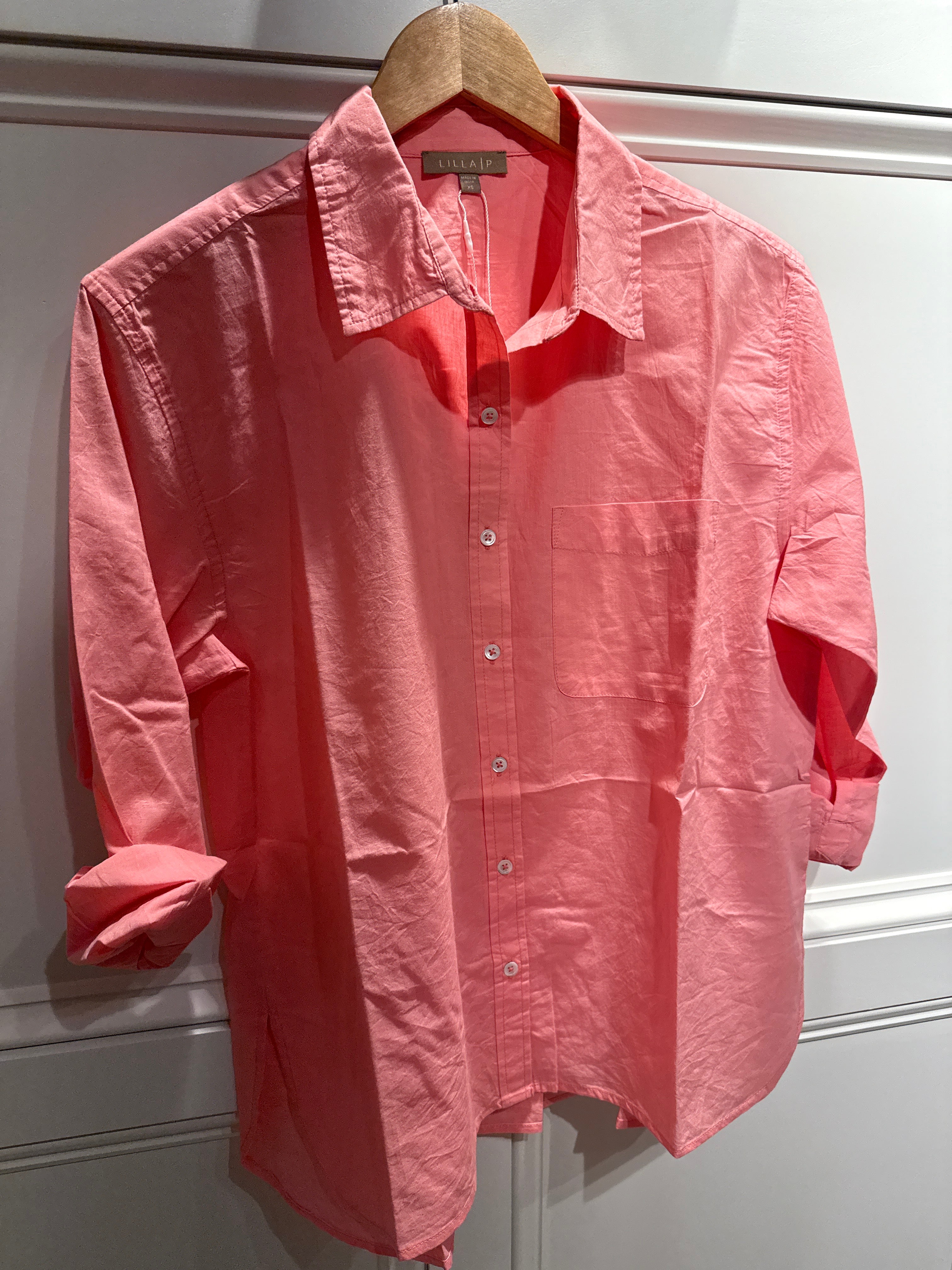 Lilla P Long Sleeve Relaxed Button Down Blouse Salmon