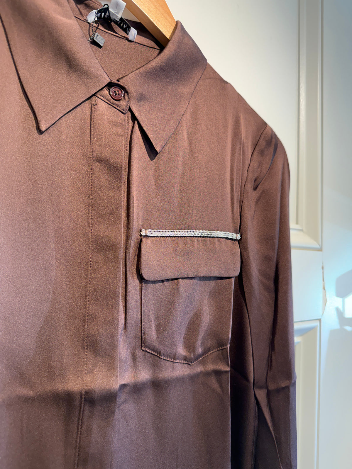 Jessie Liu Silk Button Down Blouse With Metallic Chain Trim
