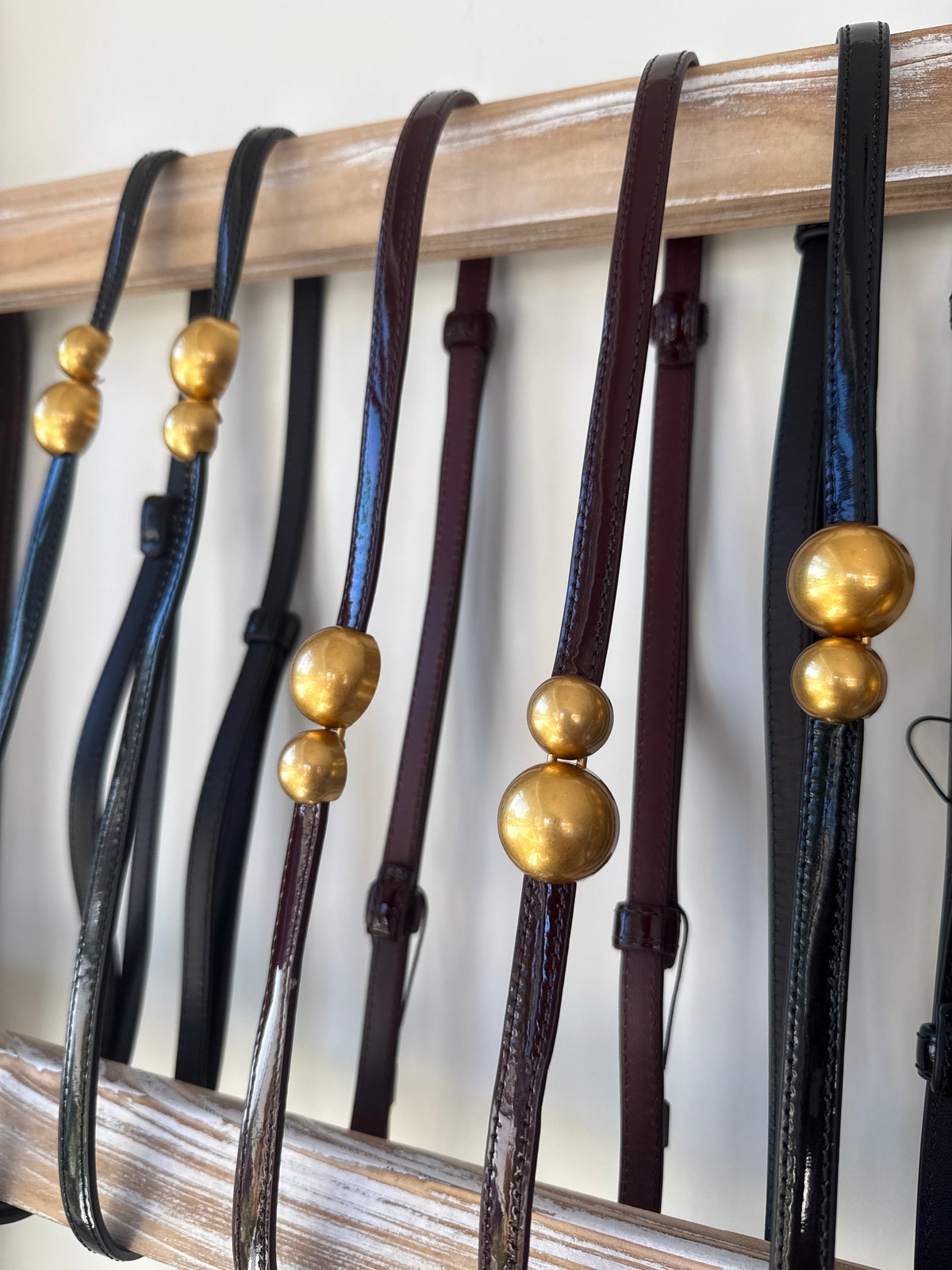 Suncoo Patent Strip Belts-Brushed Gold Hardware